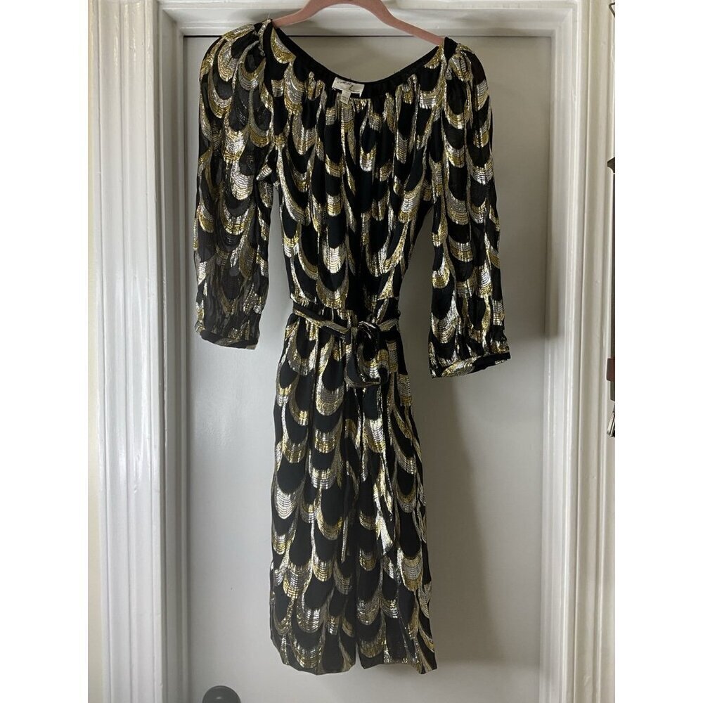 Milly of New York Silver and Gold Silk Longsleeve Mini Dress Size 4